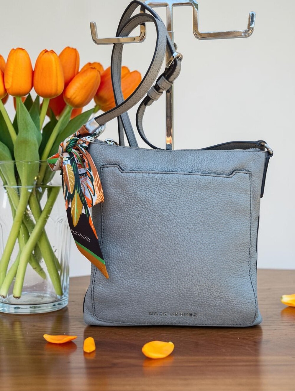 Marc Jacobs Light Gray Leather Crossbody Bag with Orange Accent Scarf